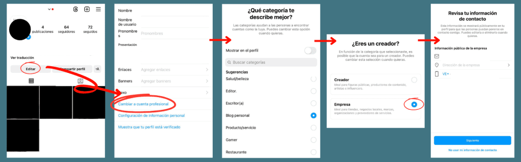 como configurar Instagram para negocios configuración de una cuenta empresarial en Instagram, cuenta profesional en Instagram 